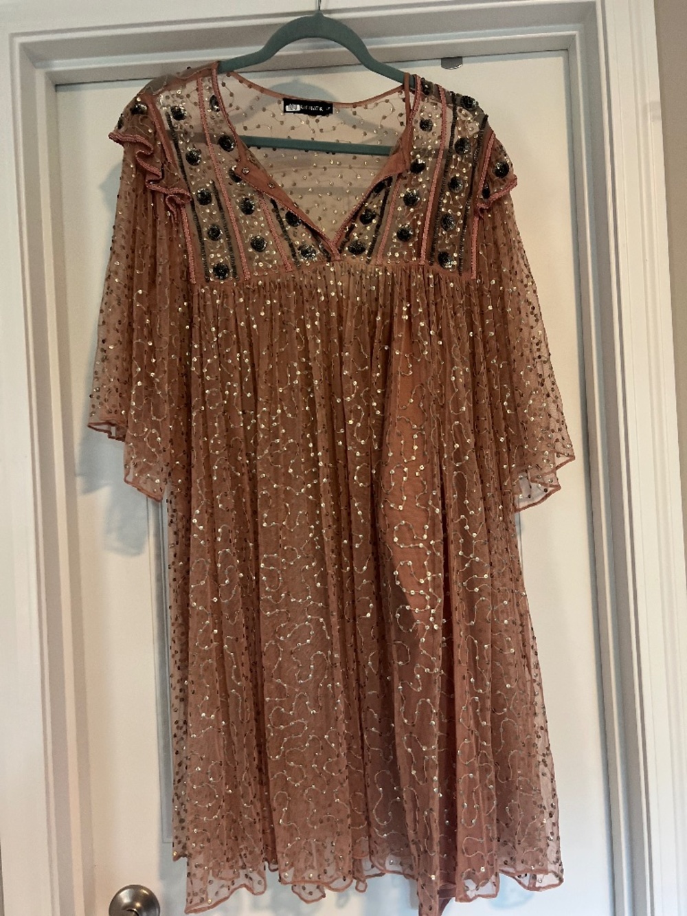Antik Batik Rose-Gold Beaded Mesh Dress